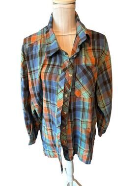 Blue, Green & Orange Flannel Button Down Size 1XL